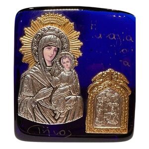 Vintage Handmade Blue Art Glass Tinos Greek Orthodox Icon